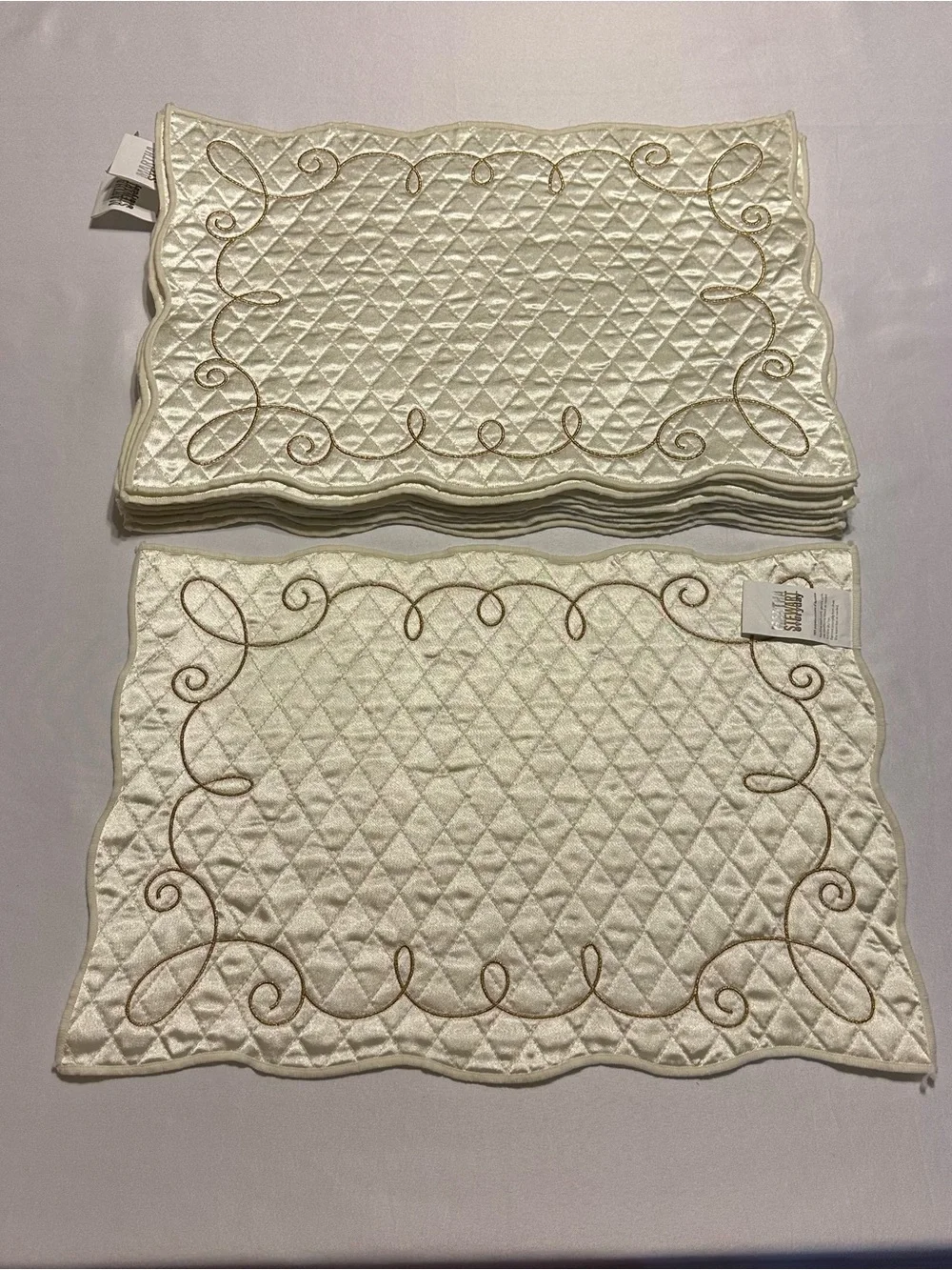 Martha Stewart Cream Quilted Placemat Set with Gold Scroll Embroidery set of 10
